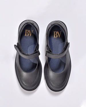 Zapato Escolar Merceditas Niña de Piel Color Negro Mate con Velcro